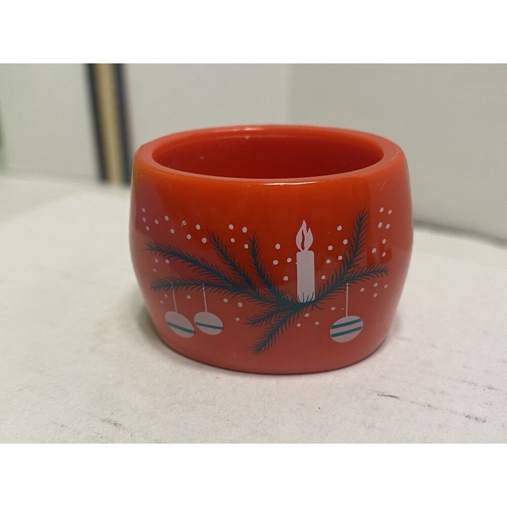 Set of 8 Reed Red Christmas Napkin Rings Vintage Plastic Candle/Branch/Ornaments